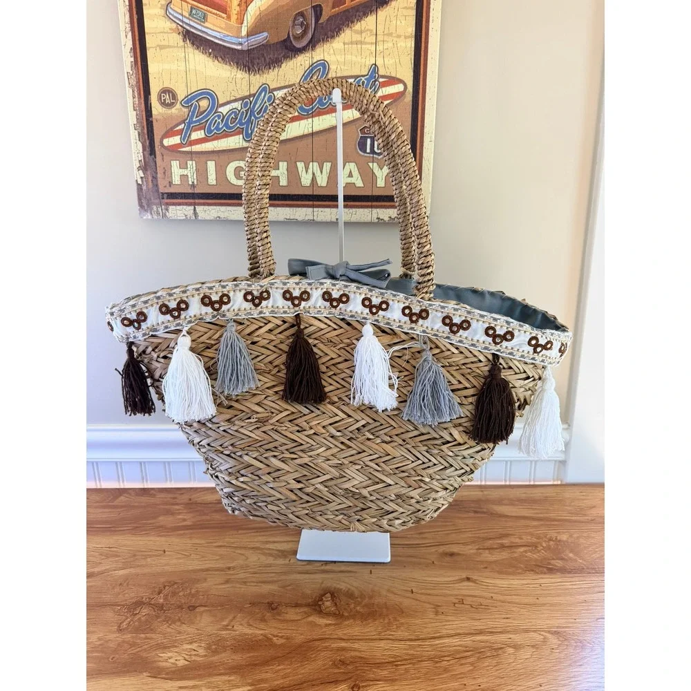 KikaHome Sicilian Straw Tote Bag Tassel Mirror Trim Large Natural Brown Gray